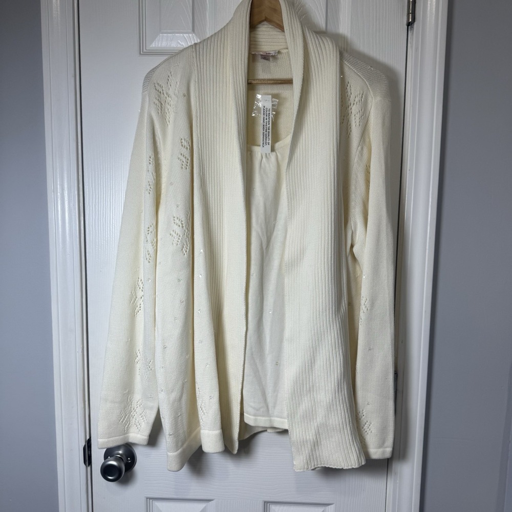 The Quaker Factory Women's 2x White Cardigan 2 in 1 Sequin Snowflake NEW